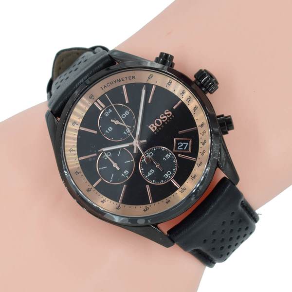 Hugo Boss Grand Prix chronograph with black dial and rose gold bezel detail