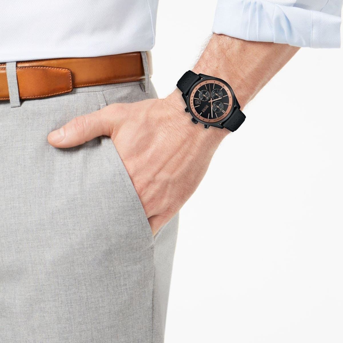 Hugo Boss Grand Prix watch worn on wrist with black leather strap