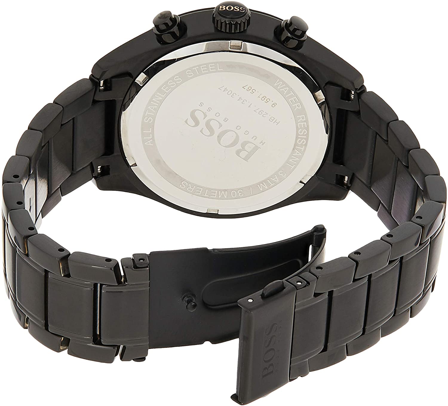 Hugo Boss Grand Prix caseback showing black IP stainless steel with engraved branding