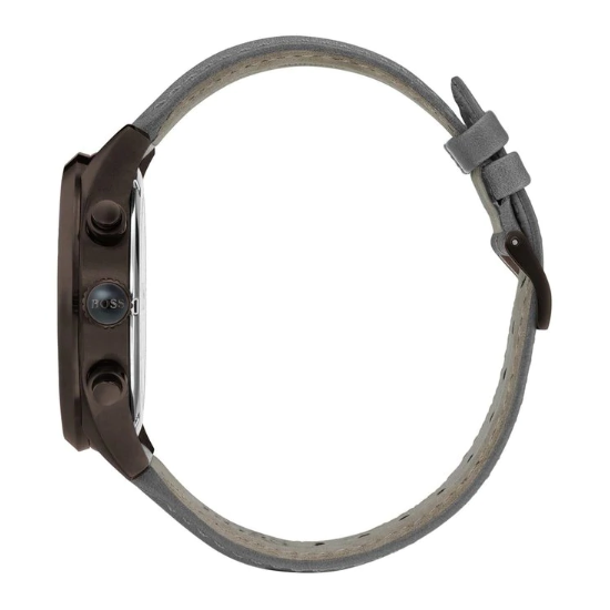 Hugo Boss Grand Prix watch shown from the side displaying grey leather strap and pushers