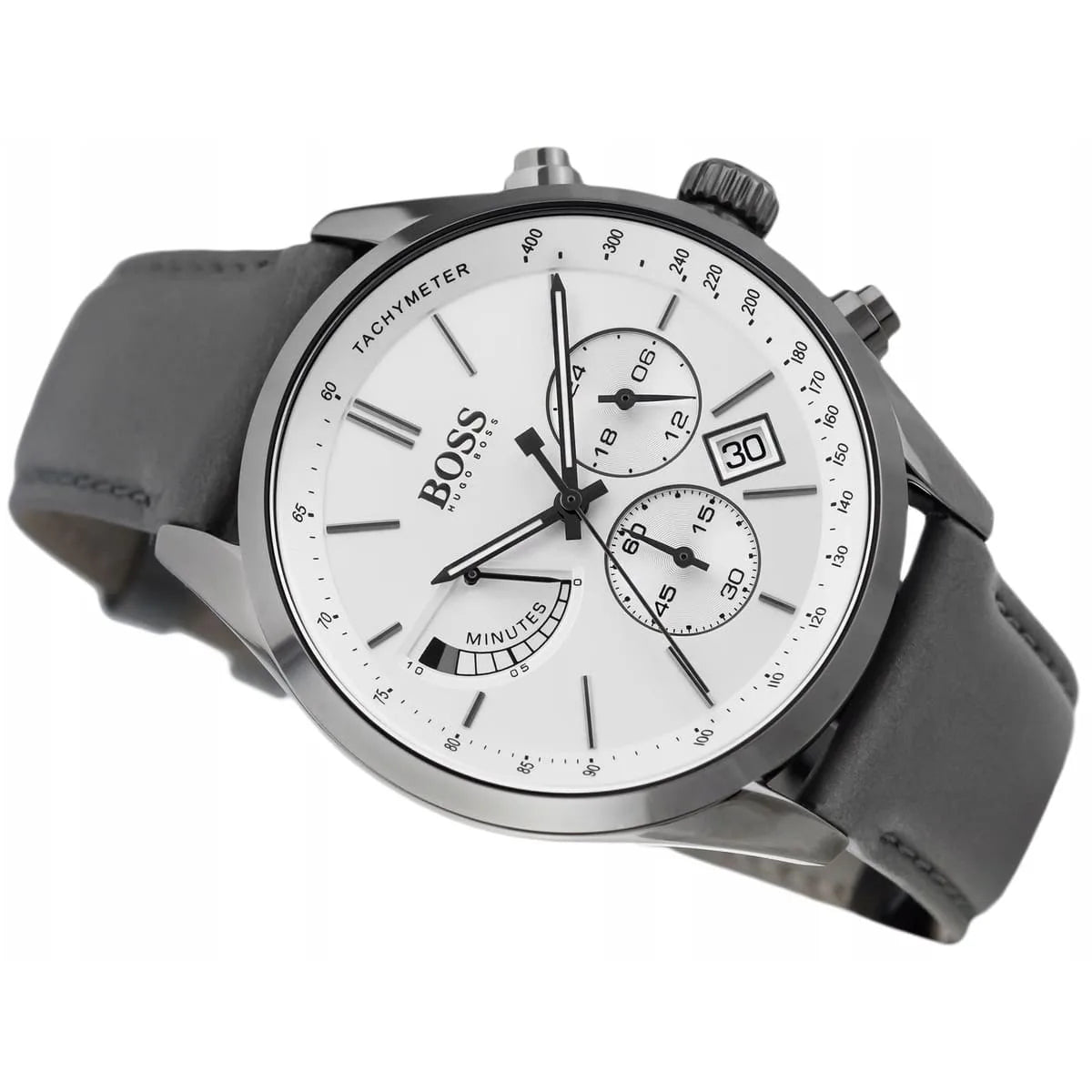 Hugo Boss Grand Prix chronograph watch with grey strap at angle