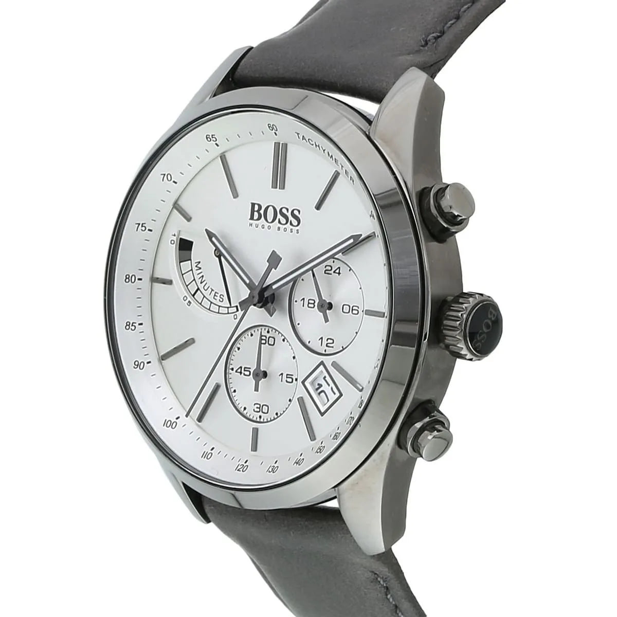 Hugo Boss Grand Prix watch angled view showing case and leather strap