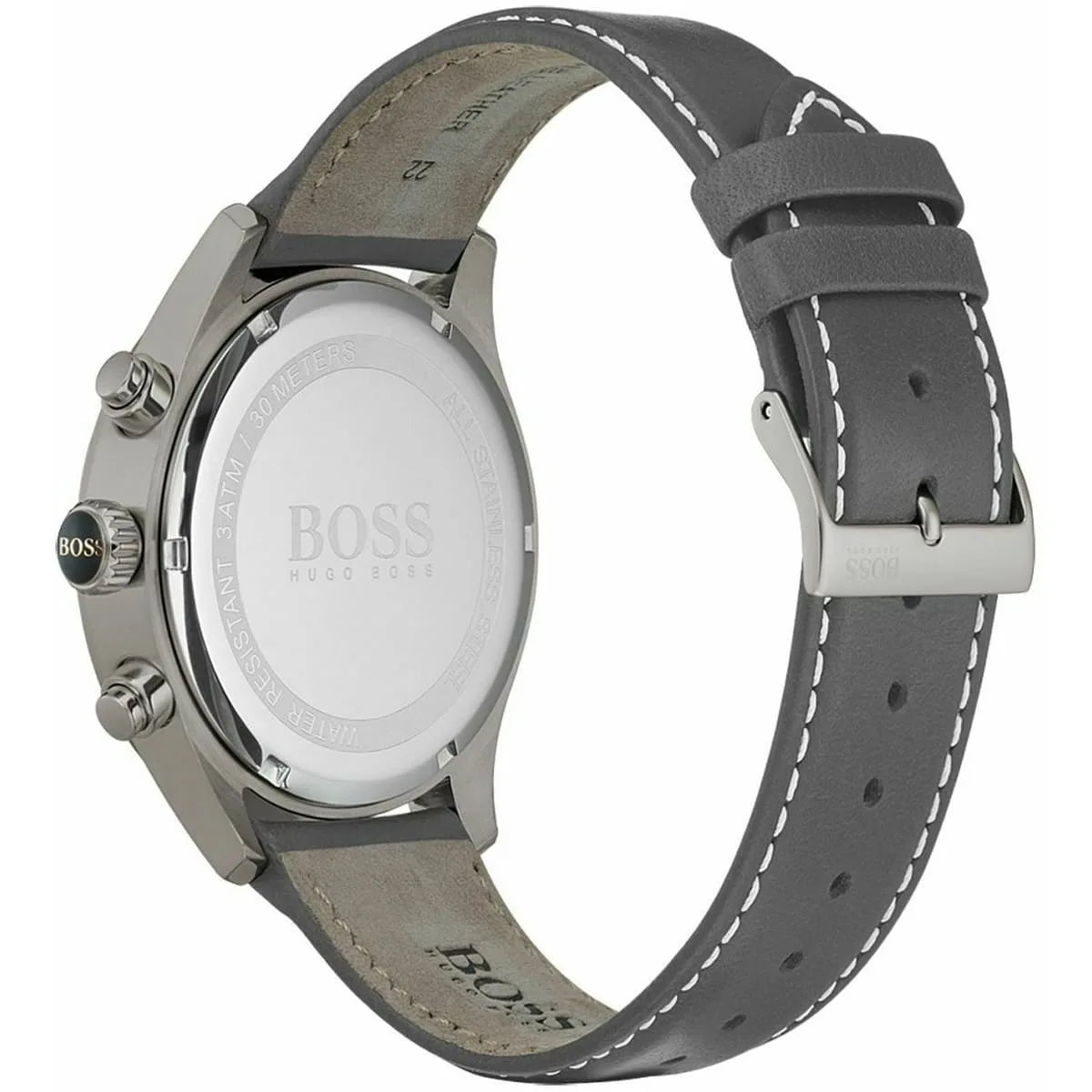 Hugo Boss Grand Prix watch caseback showing grey leather strap detail