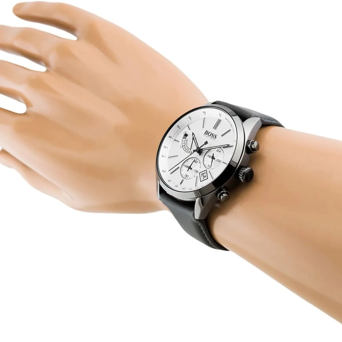 Hugo Boss Grand Prix white dial chronograph watch on wrist