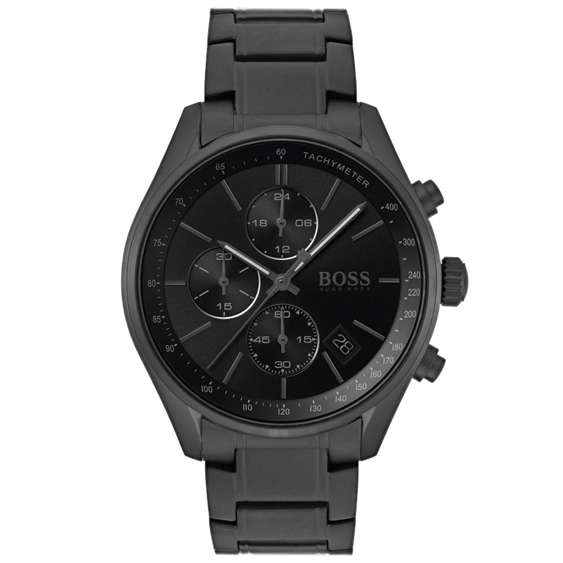 Hugo Boss Grand Prix black chronograph watch with black dial and tachymeter scale