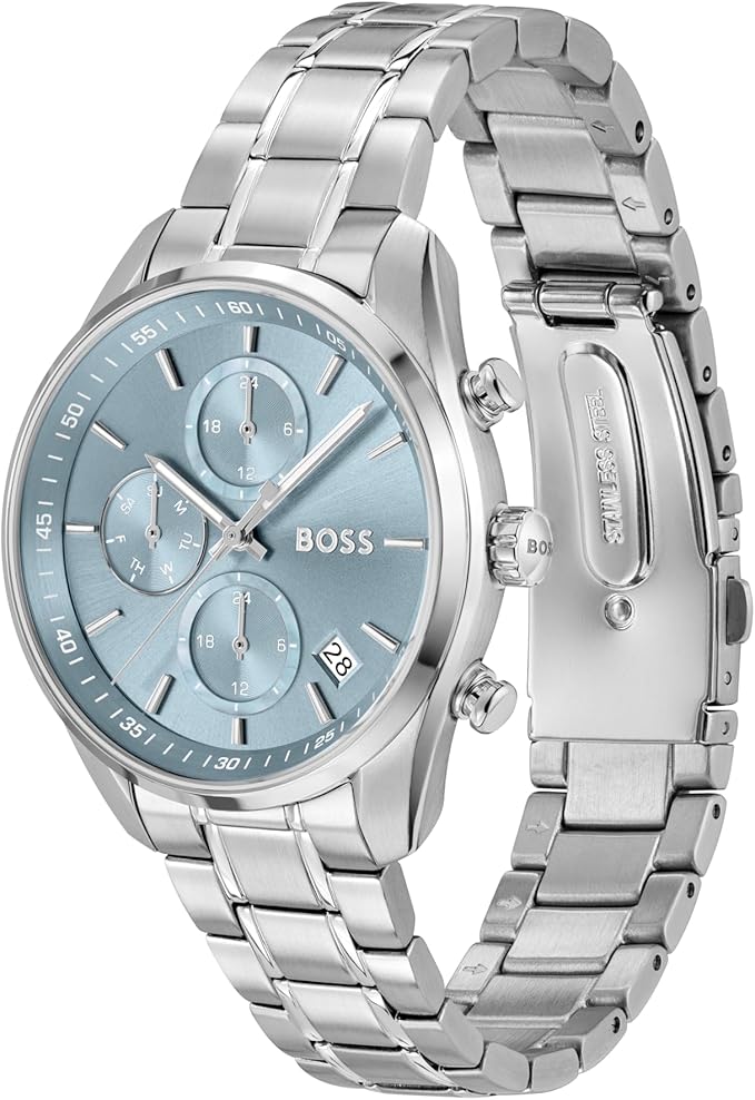 Hugo Boss Grand Tour chronograph watch shown at angle with full stainless steel bracelet visible