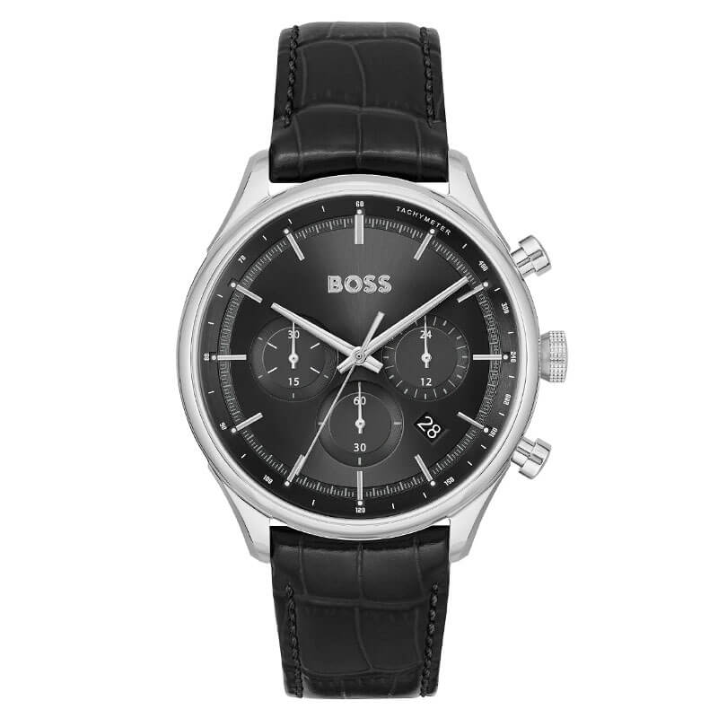 Hugo Boss Gregor chronograph watch with black dial and black leather strap