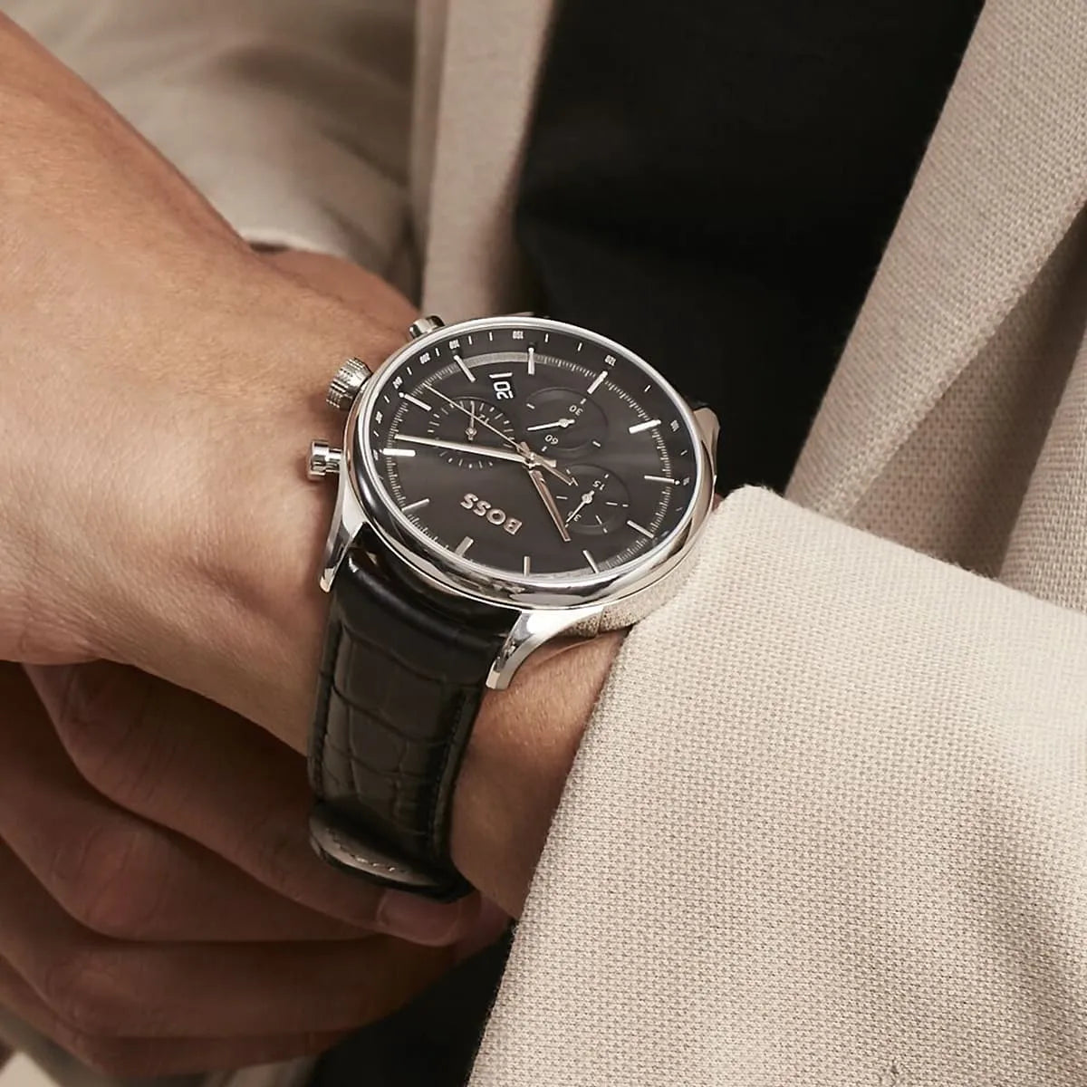 Hugo Boss Gregor chronograph watch worn on wrist with formal attire