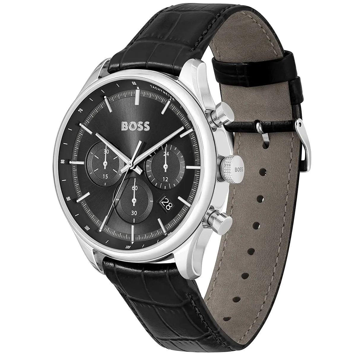 Hugo Boss Gregor watch side view showing black crocodile leather strap and silver case