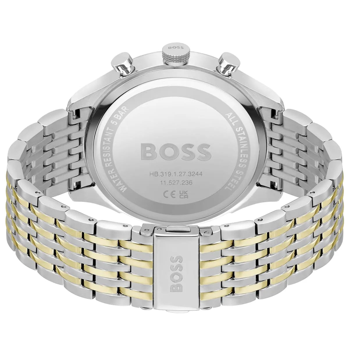 Hugo Boss Gregor watch caseback showing stainless steel back with engraved BOSS logo