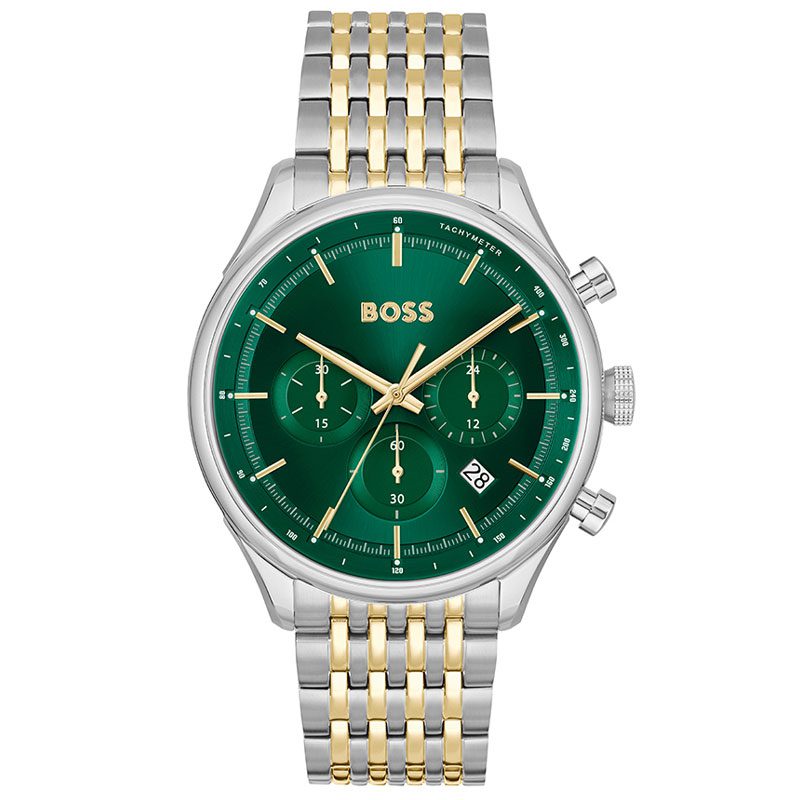 Hugo Boss Gregor chronograph watch with green dial and two-tone stainless steel bracelet