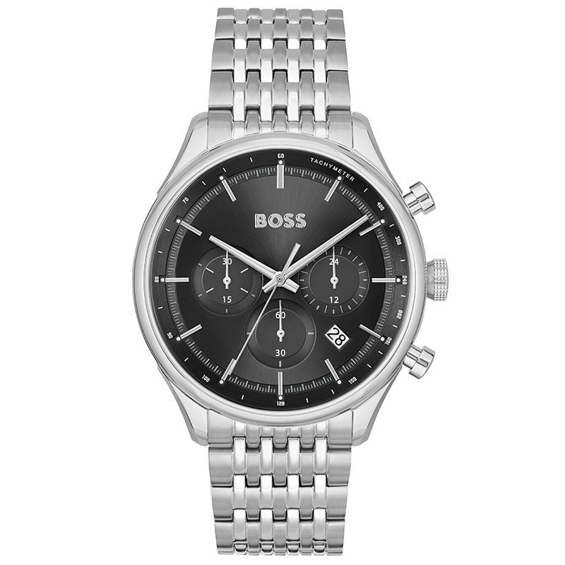 Hugo Boss Gregor chronograph watch with black dial and silver steel strap