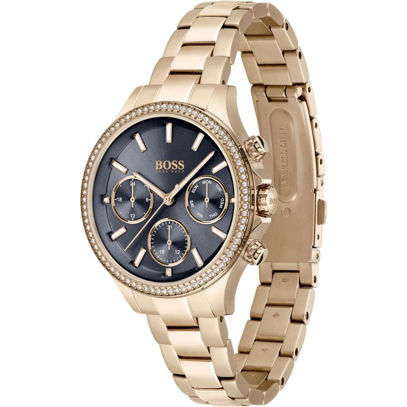 Hugo Boss Hera women's watch at angle showing blue dial, chronograph subdials, and gold-tone bracelet