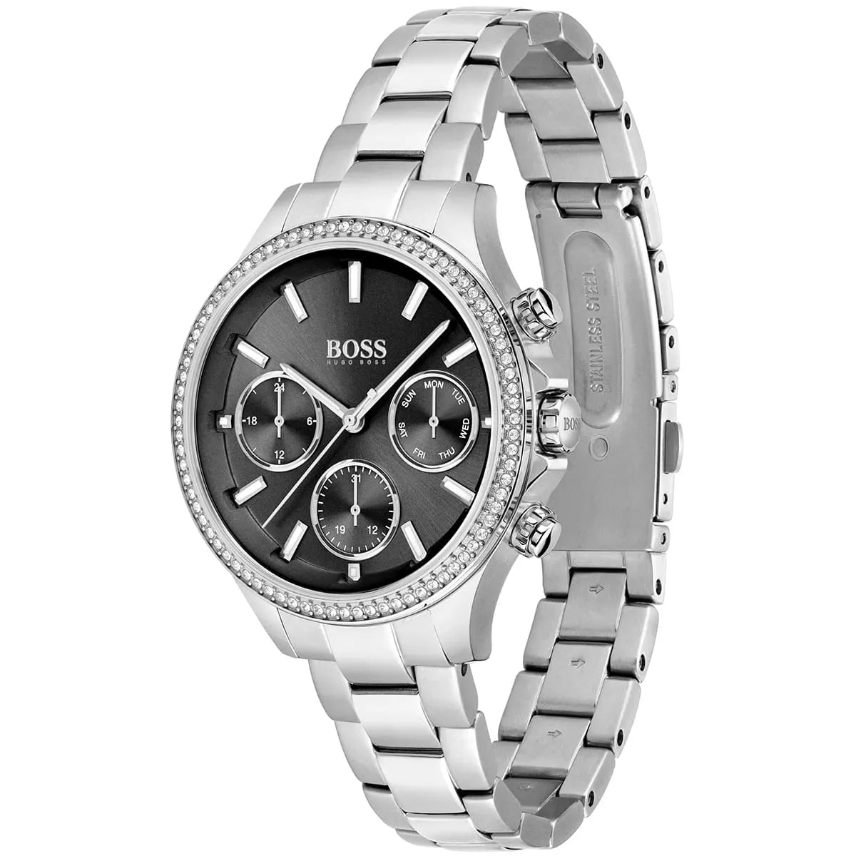 Side angle view of Hugo Boss Hera watch showing crystal-set bezel and stainless steel metal strap
