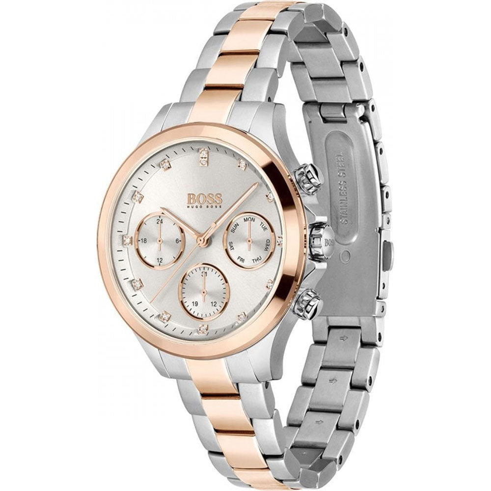 Side view of Hugo Boss Hera two-tone chronograph with rose gold and silver stainless steel bracelet