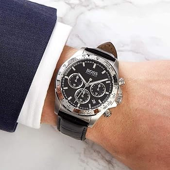Hugo Boss Hero Chronograph Black Dial Black Leather Strap Watch For Men - 1513752