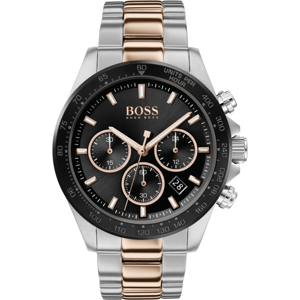 Hugo Boss Hero two-tone chronograph watch with black dial and rose gold accents