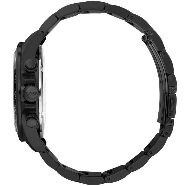 Side profile of Hugo Boss Hero Sports watch displaying black case and bracelet