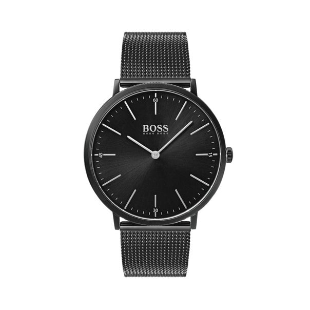 Hugo Boss Horizon black dial men's watch with mesh strap, front view