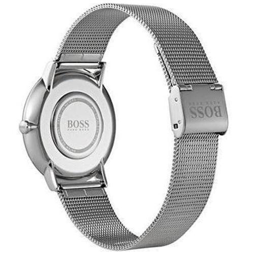 Case back of Hugo Boss Horizon watch showing stainless steel and branding