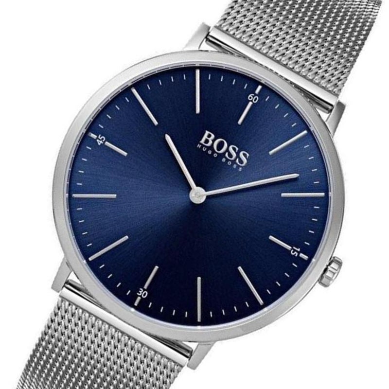 Angled view of Hugo Boss Horizon watch with blue dial and silver mesh strap