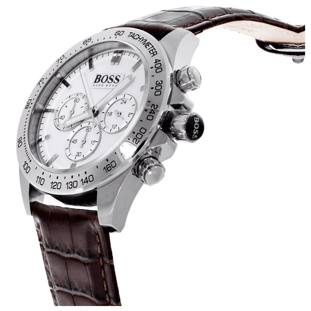 Hugo Boss Ikon chronograph watch side view with brown leather strap