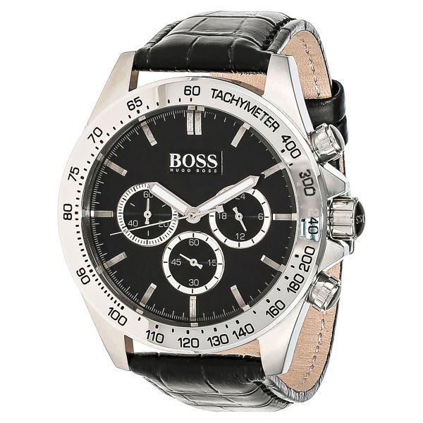 Hugo Boss Ikon chronograph watch with black dial, three subdials, and white tachymeter bezel