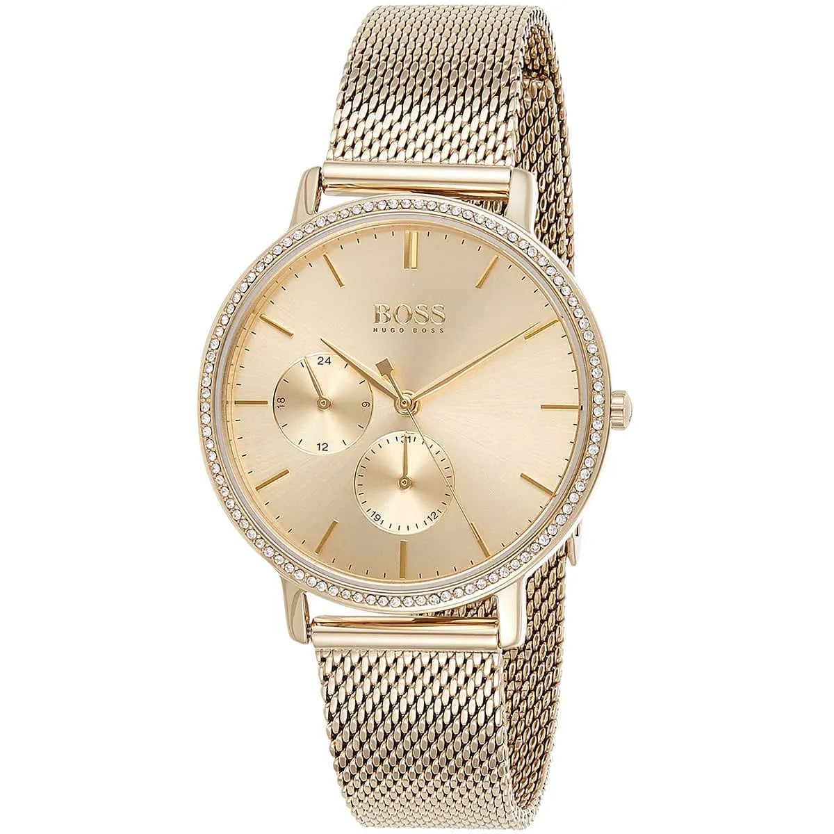 Hugo Boss Infinity women's watch at angle showing gold dial, subdial, and mesh strap