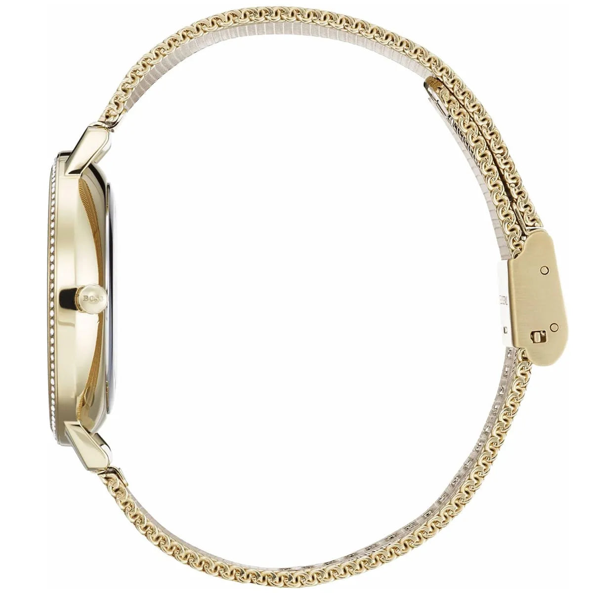 Hugo Boss Infinity gold mesh bracelet with fold-over safety clasp and engraved hardware