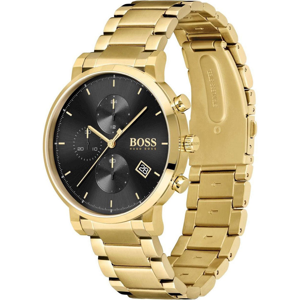 Hugo Boss Integrity gold chronograph watch with matching gold metal bracelet, angled view