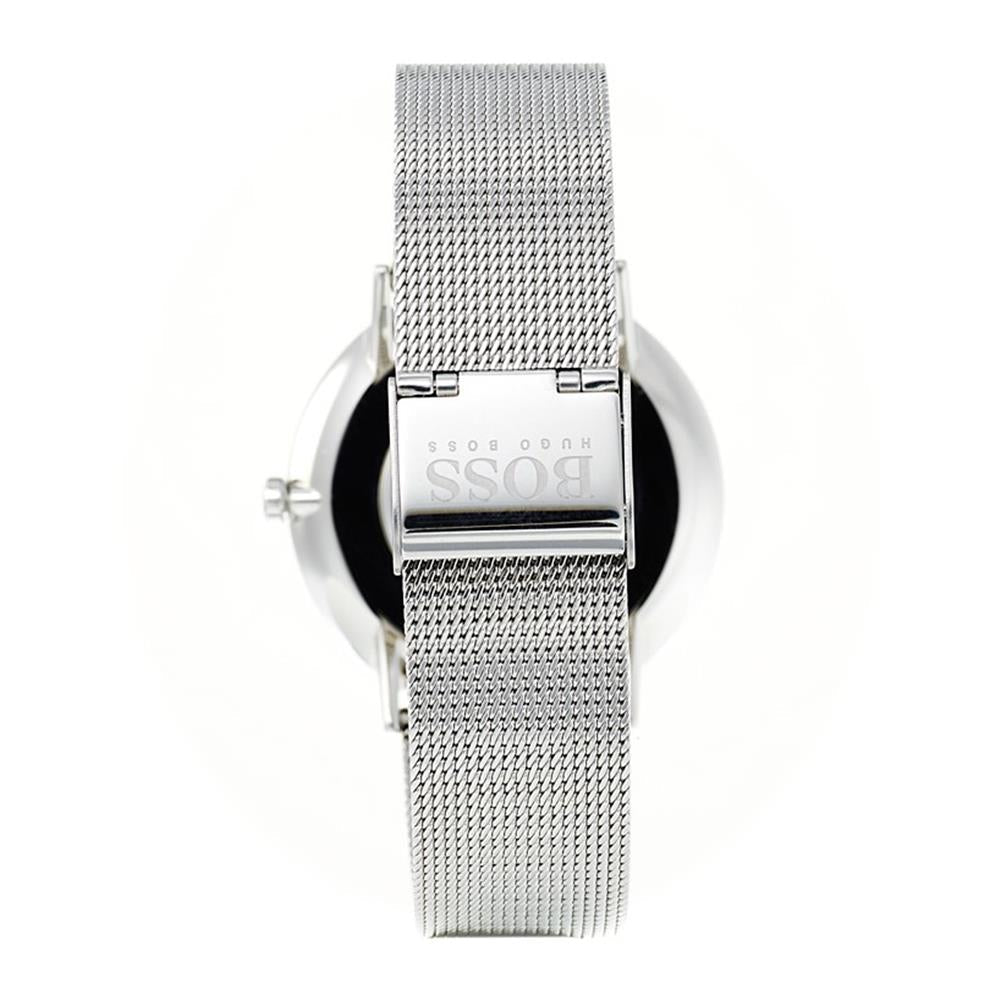 Hugo Boss Jackson watch side view displaying silver mesh strap