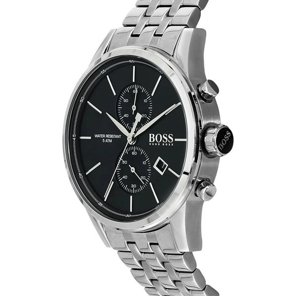 Hugo Boss Jet chronograph side view showing black dial and silver steel strap with chronograph pushers