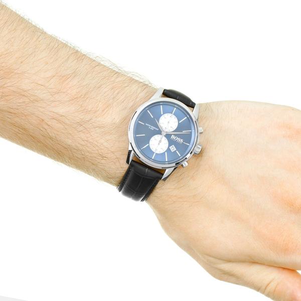 Hugo Boss Jet chronograph watch worn on wrist with blue dial and black leather strap