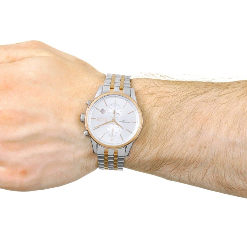 On-wrist view of Hugo Boss Jet two-tone chronograph from above showing dial and bracelet