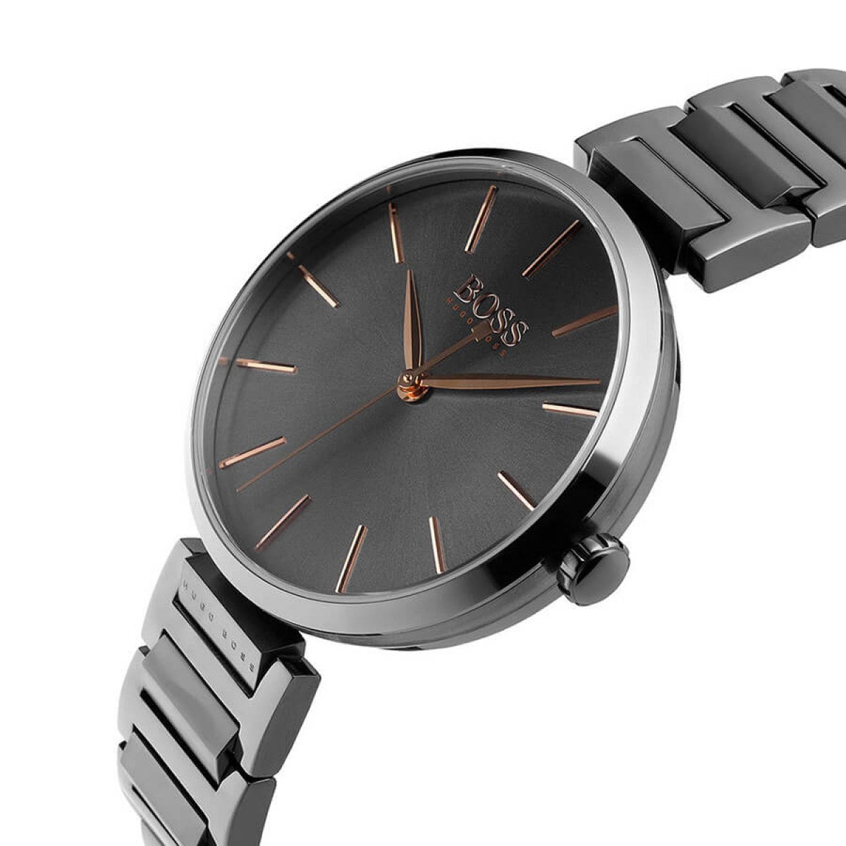 Hugo Boss Marina ladies watch angled view showing grey dial and stainless steel link bracelet