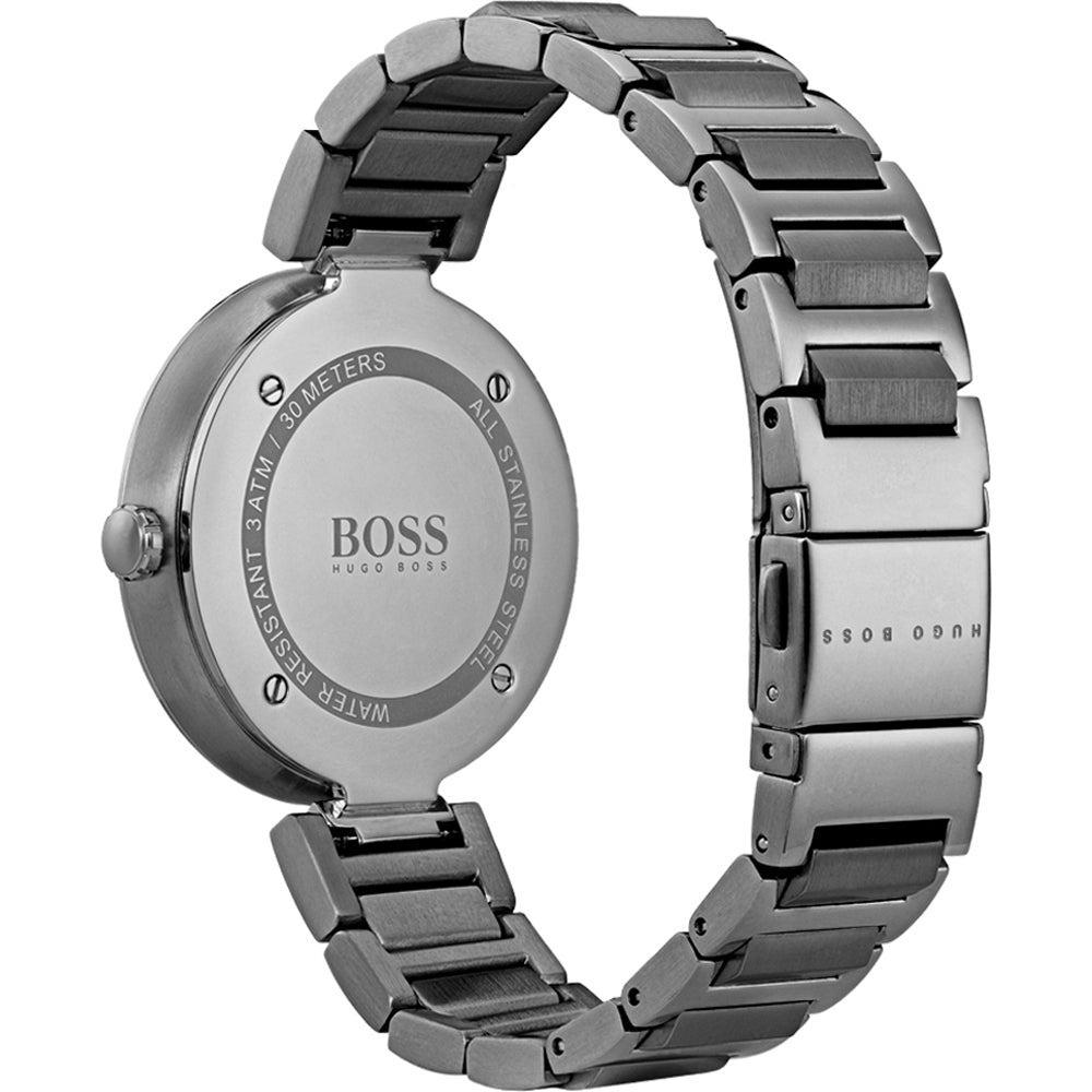 Hugo Boss Marina watch caseback and side view displaying stainless steel bracelet and case