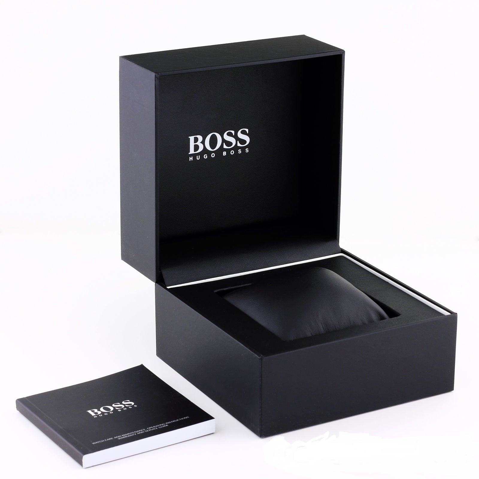 Hugo Boss watch packaging box with BOSS branding and watch cushion