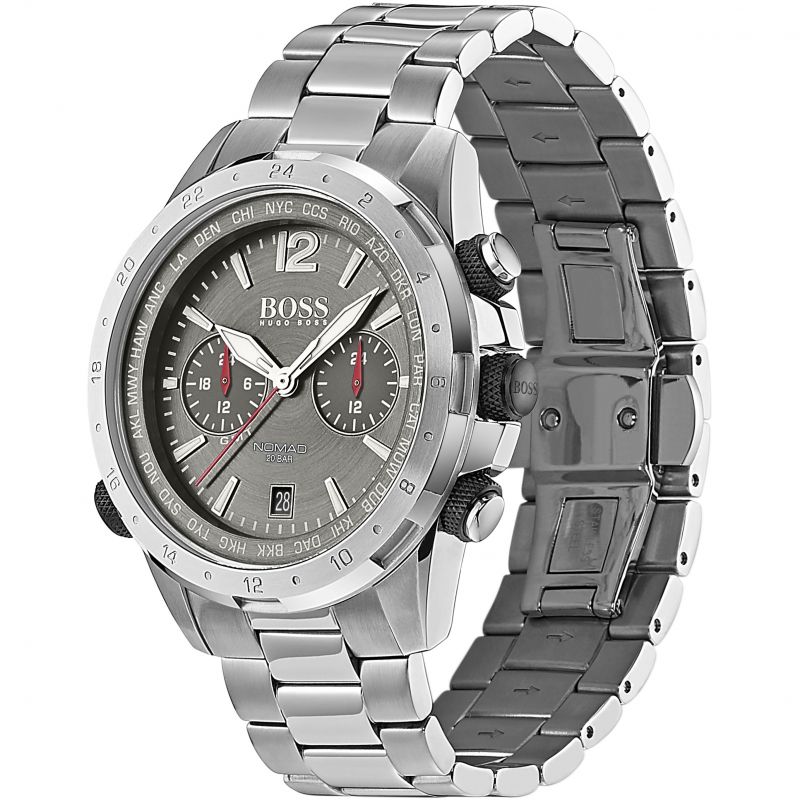 Hugo Boss Nomad watch shown from angle view with grey and silver steel straps