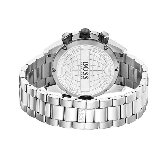 Hugo Boss Nomad men's watch caseback with globe engraving and silver steel bracelet