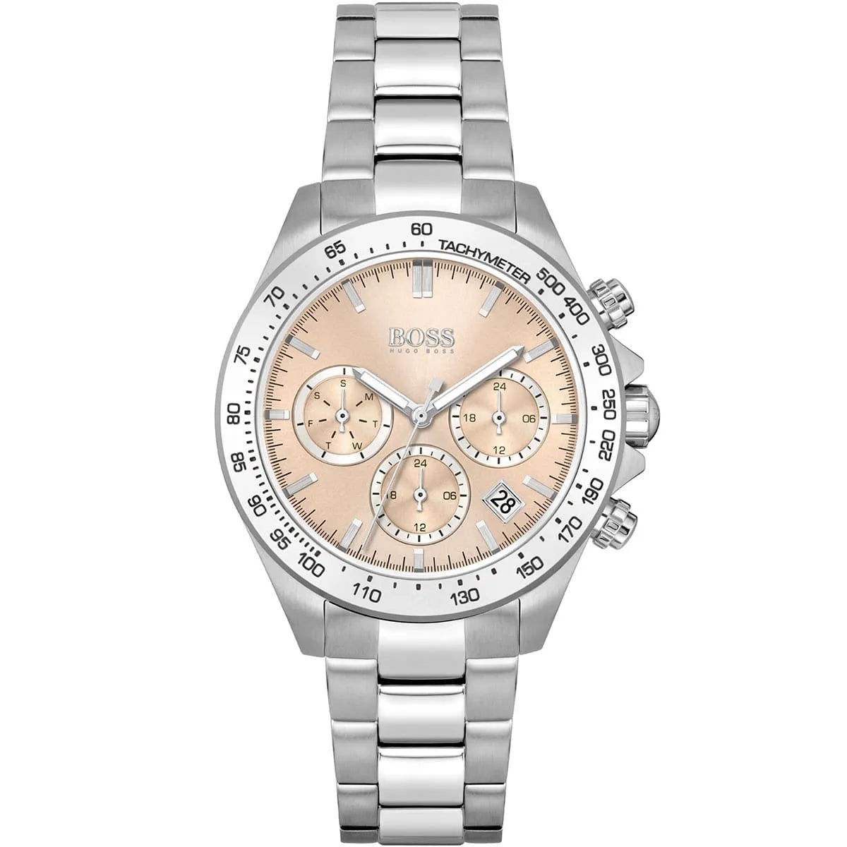 Hugo Boss Novia women's chronograph watch pink dial silver steel strap front view