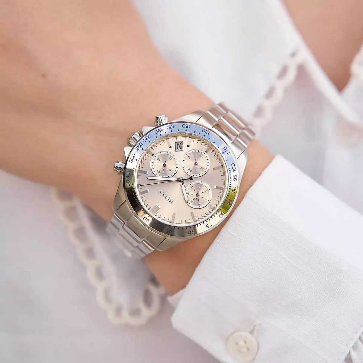 Hugo Boss Novia women's chronograph watch on wrist showing pink dial detail