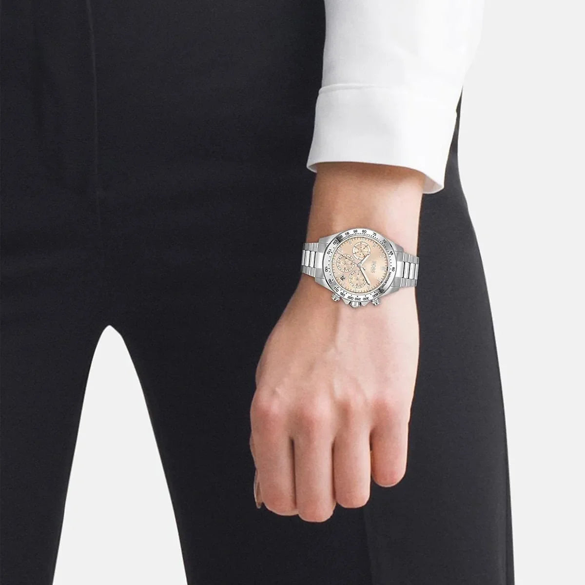 Hugo Boss Novia chronograph watch on woman's wrist, formal styling