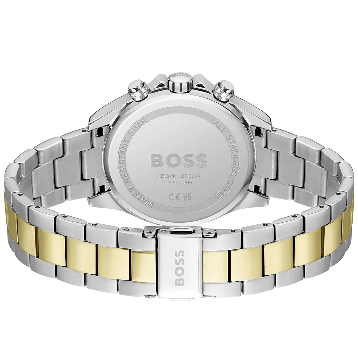 Hugo Boss Novia watch caseback with stainless steel two-tone bracelet visible