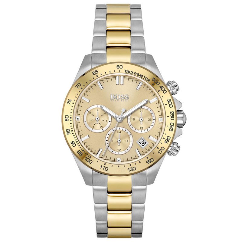Hugo Boss Novia 38mm women's chronograph watch with champagne gold dial and two-tone bracelet