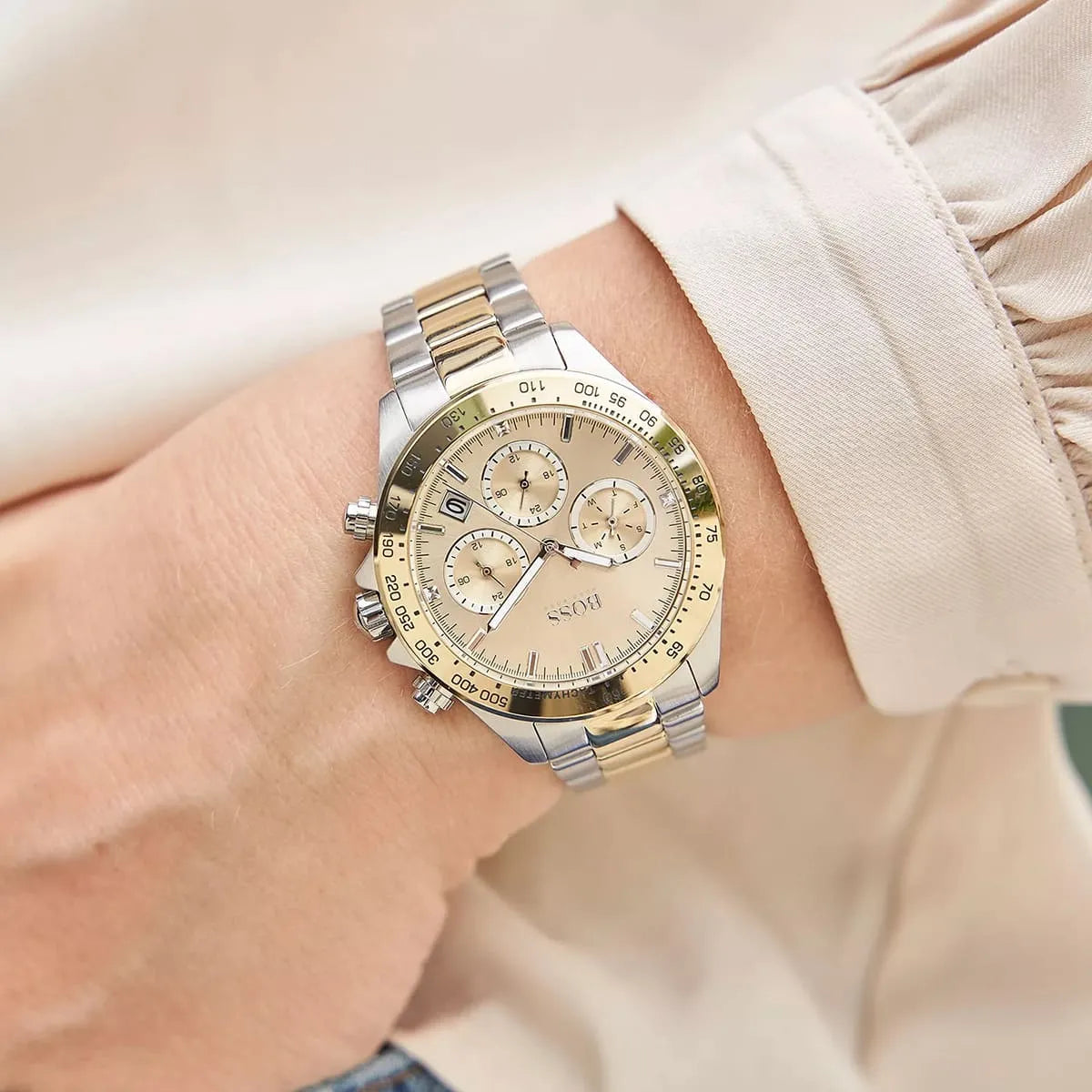 Hugo Boss Novia watch on wrist displaying dial and bracelet in natural light