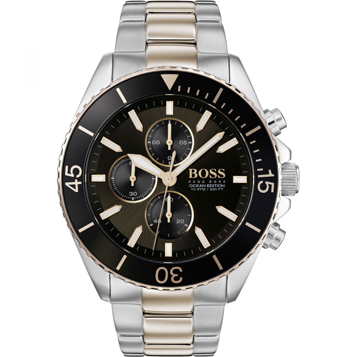 Hugo Boss Ocean Edition chronograph two-tone men's watch with black dial and rose gold accents
