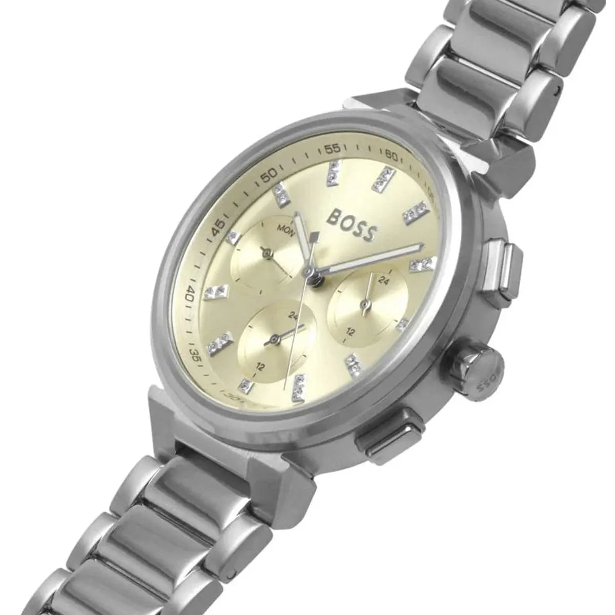 Hugo Boss One women's chronograph watch detail view from angled side perspective