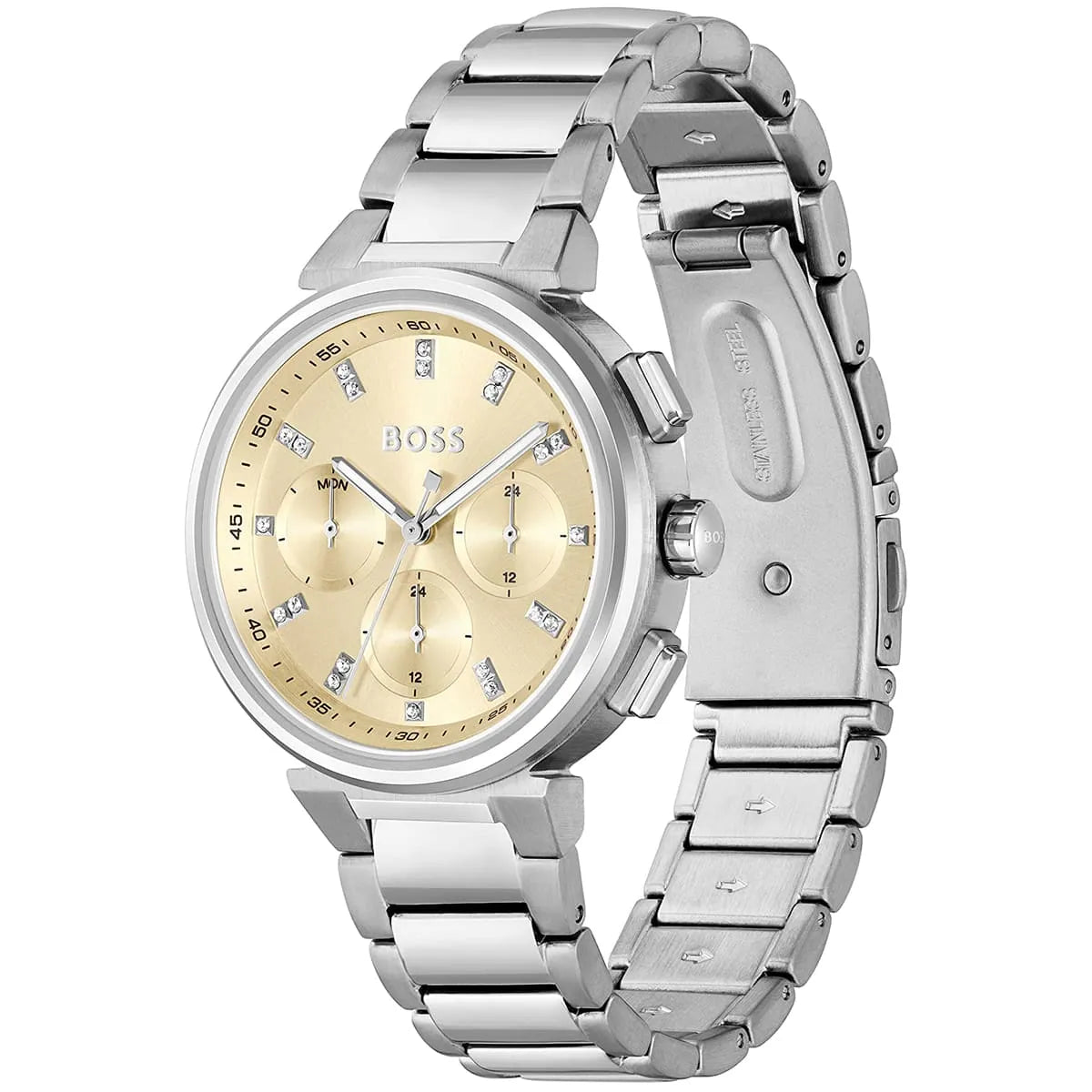 Hugo Boss One chronograph watch at angle showing dial and stainless steel link bracelet