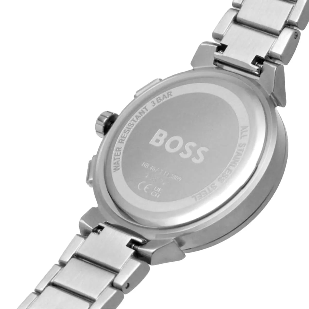 Hugo Boss One watch caseback detail showing engraved logo and stainless steel bracelet