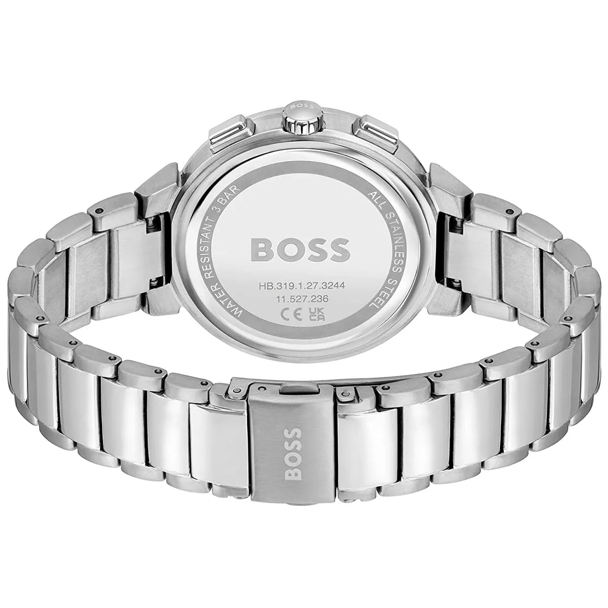 Hugo Boss One watch caseback showing stainless steel case back and bracelet